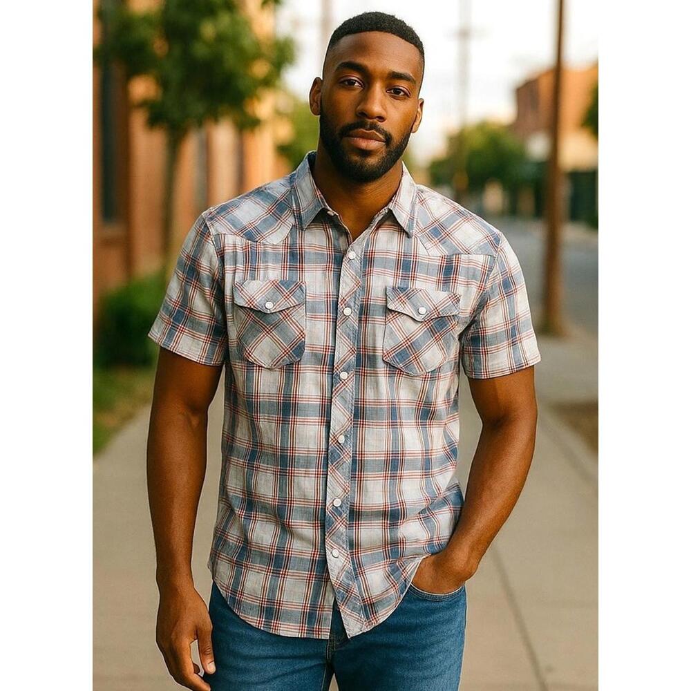 Coastal Men’s Short Sleeve Plaid Pearl Snap Shirt Western Style XXL